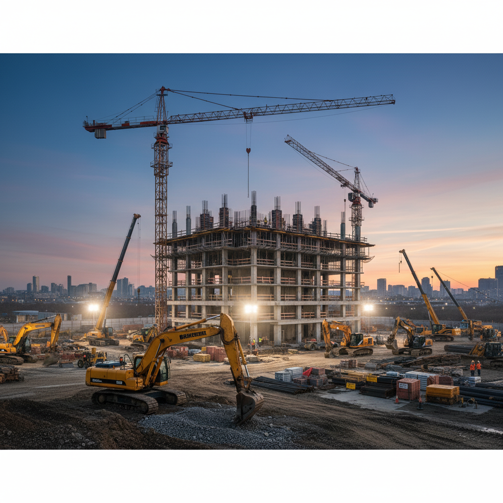 Construction site with crane against a sunset